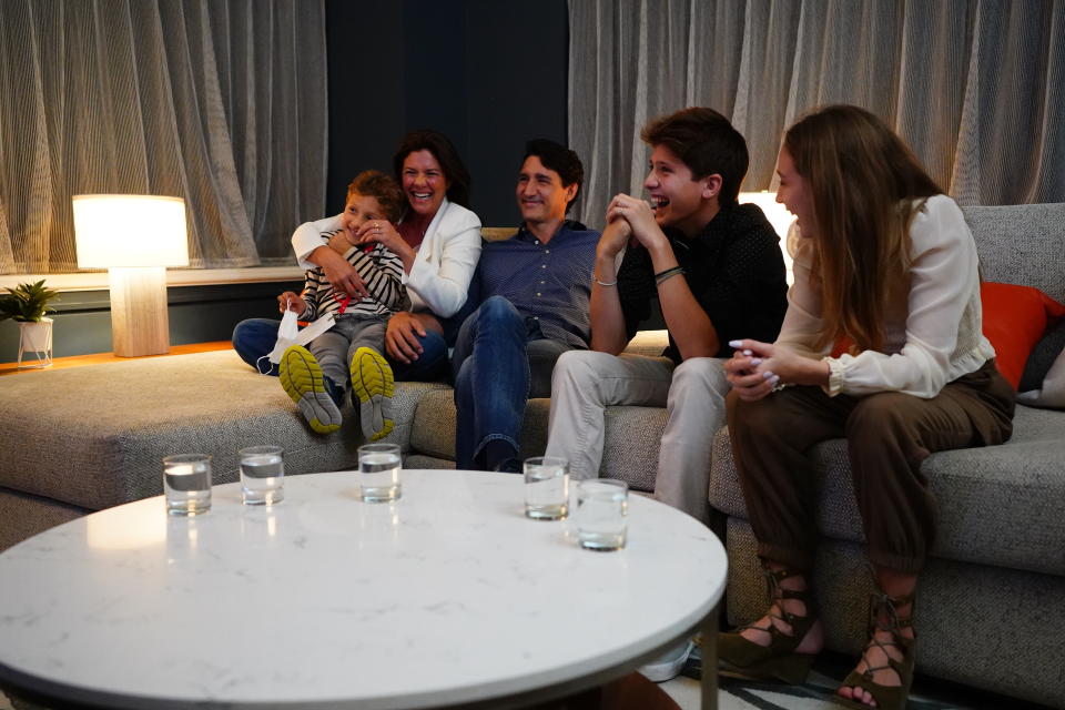 Justin Trudeau watches the 2021 election results with his family. - Credit: AP