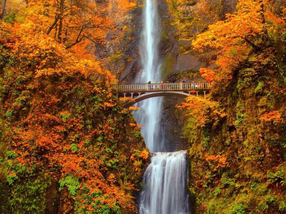 Multnomah Falls in the Columbia River Gorge of Oregon with beautiful fall colors.