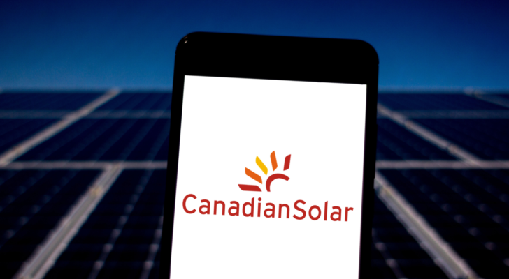 Canadian Solar (CSIQ) logo on the mobile device. Canadian is a company that manufactures photovoltaic solar modules and provides ready-to-use solar power solutions.