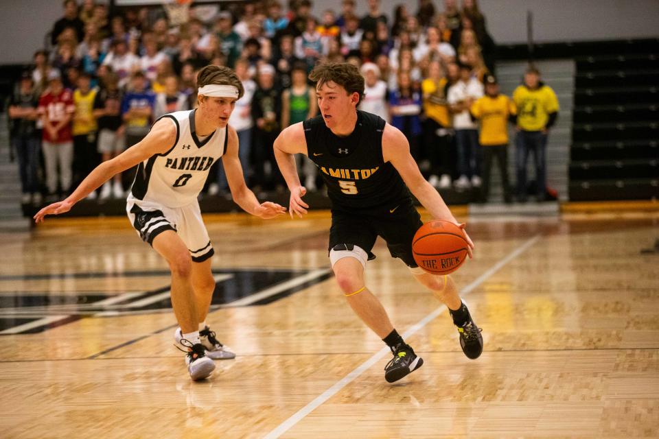Hamilton's Brant Goodpaster drives down the floor during a game against West Ottawa Friday, Dec. 15, 2022, at West Ottawa High School. 