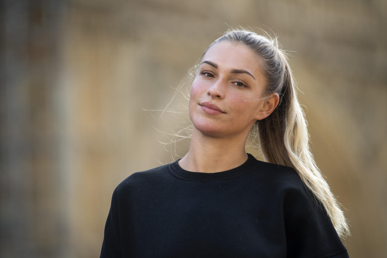 Love Island star Zara McDermott joins Refuge, a domestic violence charity, near Parliament Square in London to campaign for people threatening to share intimate images to be made a crime. (Photo by Victoria Jones/PA Images via Getty Images)