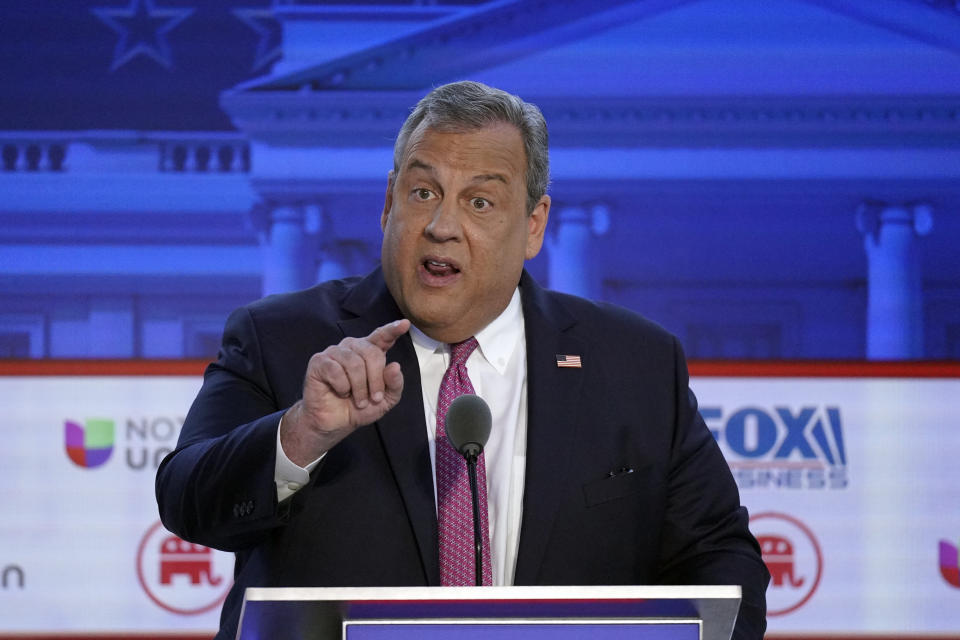 Former New Jersey Gov. Chris Christie speaks during a Republican presidential primary debate hosted by FOX Business Network and Univision, Wednesday, Sept. 27, 2023, at the Ronald Reagan Presidential Library in Simi Valley, Calif. (AP Photo/Mark J. Terrill)