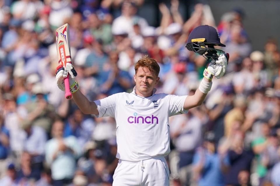 Ollie Pope celebrates his double hundred for England against Ireland (John Walton/PA) (PA Wire)