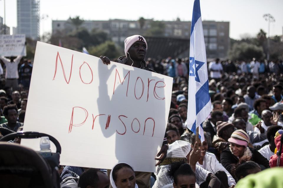 African migrants take part in a protest at Rabin Square in Tel Aviv