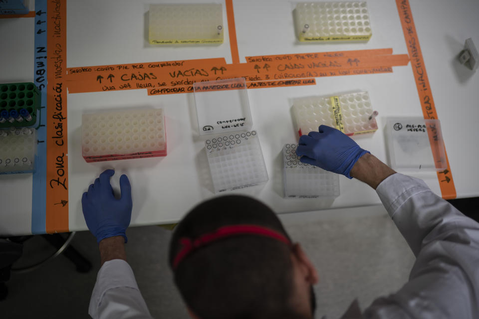 A technician handles samples before testing them for the COVID-19 virus at the microbiology lab of the Germans Trias i Pujol hospital in Badalona, Barcelona province, Spain, Wednesday, April 1, 2020. The new coronavirus causes mild or moderate symptoms for most people, but for some, especially older adults and people with existing health problems, it can cause more severe illness or death. (AP Photo/Felipe Dana)