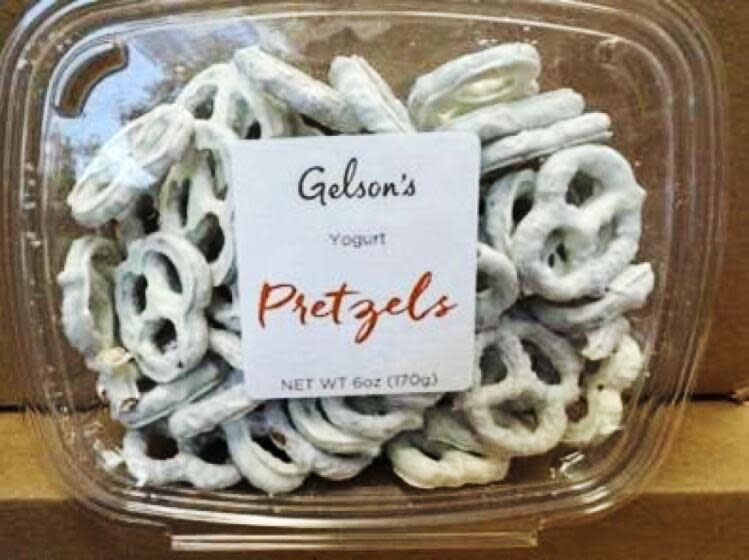 Gelson's, Gelson's Brand; plastic containers, 15 oz. Product Lot #: 241062. Western Mixers Produce & Nuts, Inc. of Ontario, CA is recalling Yogurt Covered Pretzels, because the yogurt coating has the potential to be contaminated with Salmonella, an organism which can cause serious and sometimes fatal infections in young children, frail or elderly people, and others with weakened immune systems.