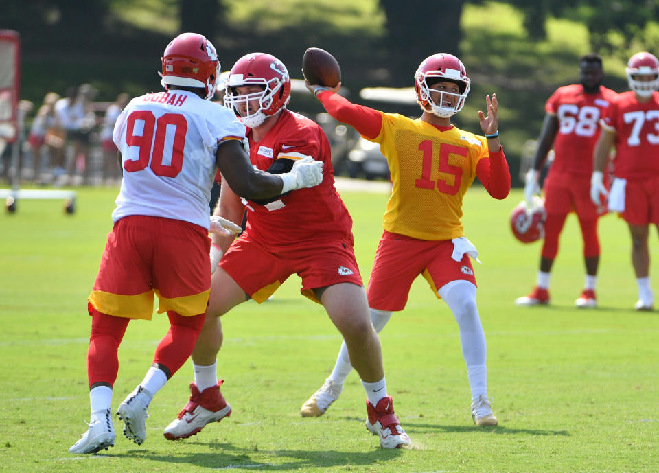 Jul 27, 2019; Kansas City, MO, USA; Kansas City Chiefs quarterback Patrick Mahomes (15) throws a pass during training camp at Missouri Western State University. Mandatory Credit: Denny Medley-USA TODAY Sports