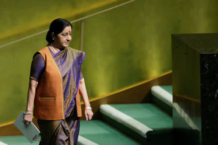 Indian External Affairs Minister Sushma Swaraj arrives to address the 72nd United Nations General Assembly at U.N. headquarters in New York, U.S., September 23, 2017. REUTERS/Eduardo Munoz