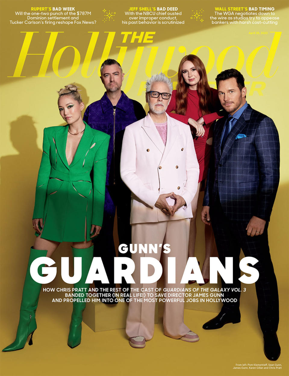 From left: Pom Klementieff, Sean Gunn, James Gunn, Karen Gillan and Chris Pratt were photographed April 14 at Quixote Studios in West Hollywood.