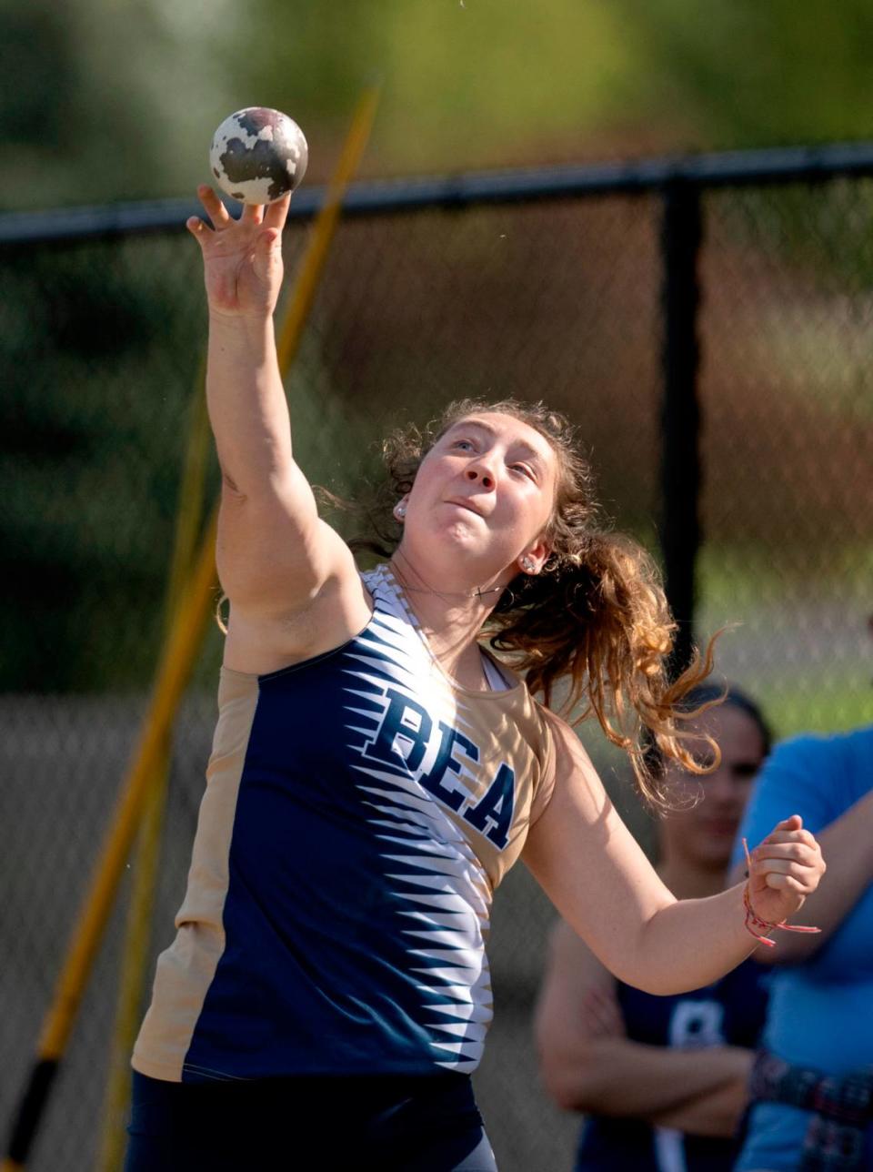 Bald Eagle Area’s Abigail Hoover competes in the shot put during the Mountain League track and field championships on Tuesday, May 9, 2023.