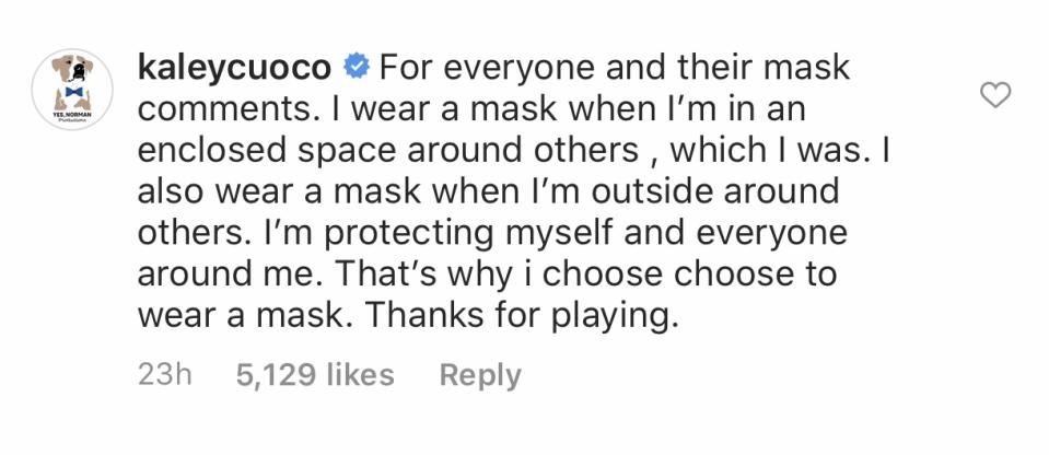 Kaley Cuoco defends herself in her Instagram comments