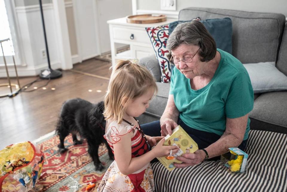 Shirley Hoffmann (right) plays with her great granddaughter, Grace Stocker, in Charlotte, NC, on Monday, April 5, 2021.