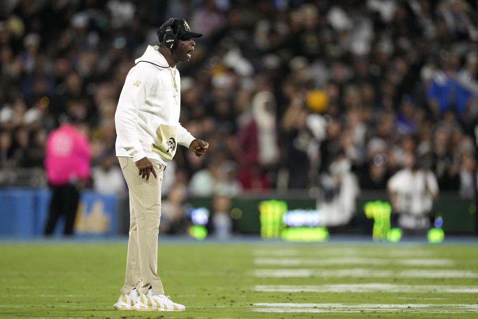 Colorado head coach Deion Sanders yells to his team during the second half of an NCAA college football game against UCLA Saturday, Oct. 28, 2023, in Pasadena, Calif. (AP Photo/Mark J. Terrill)