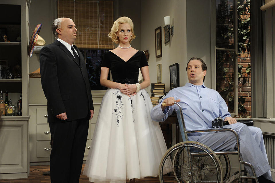 January Jones with Bobby Moynihan and Jason Sudeikis