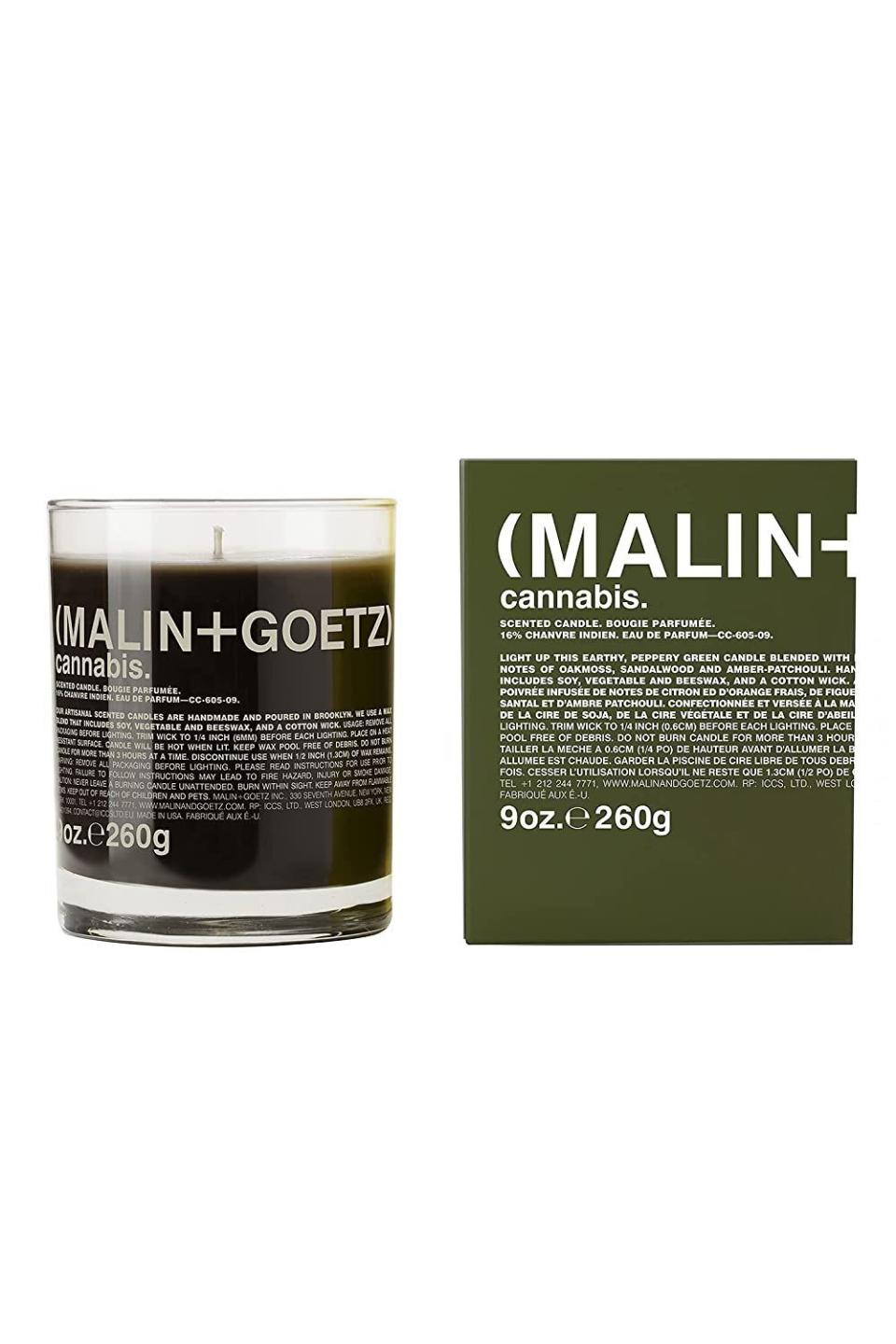 <p><strong>Malin+Goetz</strong></p><p>amazon.com</p><p><strong>$40.70</strong></p><p><a href="https://www.amazon.com/dp/B000YOUCQE?tag=syn-yahoo-20&ascsubtag=%5Bartid%7C10051.g.13053688%5Bsrc%7Cyahoo-us" rel="nofollow noopener" target="_blank" data-ylk="slk:Shop Now;elm:context_link;itc:0" class="link ">Shop Now</a></p><p>We don’t discriminate when it comes to <a href="https://www.elle.com/beauty/g32687000/luxury-candles/" rel="nofollow noopener" target="_blank" data-ylk="slk:bougie candles;elm:context_link;itc:0" class="link ">bougie candles</a>, but Malin+Goetz’s Cannabis is without a doubt an all-time favorite. Though it doesn’t <em>actually</em> contain any psychoactive hemp-derived extracts, it’s still (literally) lit. The scent is warm, cozy, and subtly seductive (all while not being too fragrant). Notes include sandalwood, amber patchouli, fig, and pepper.</p>