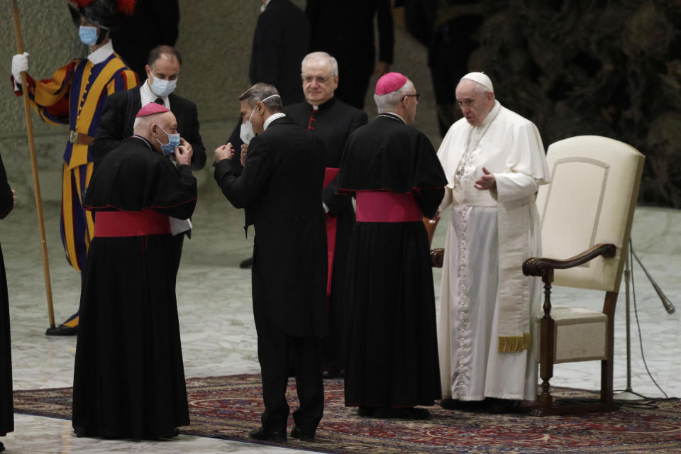 Pope Francis meets with bishops in the Paul VI hall on the occasion of the weekly general audience at the Vatican, Wednesday, Oct. 21, 2020. (AP Photo/Gregorio Borgia)