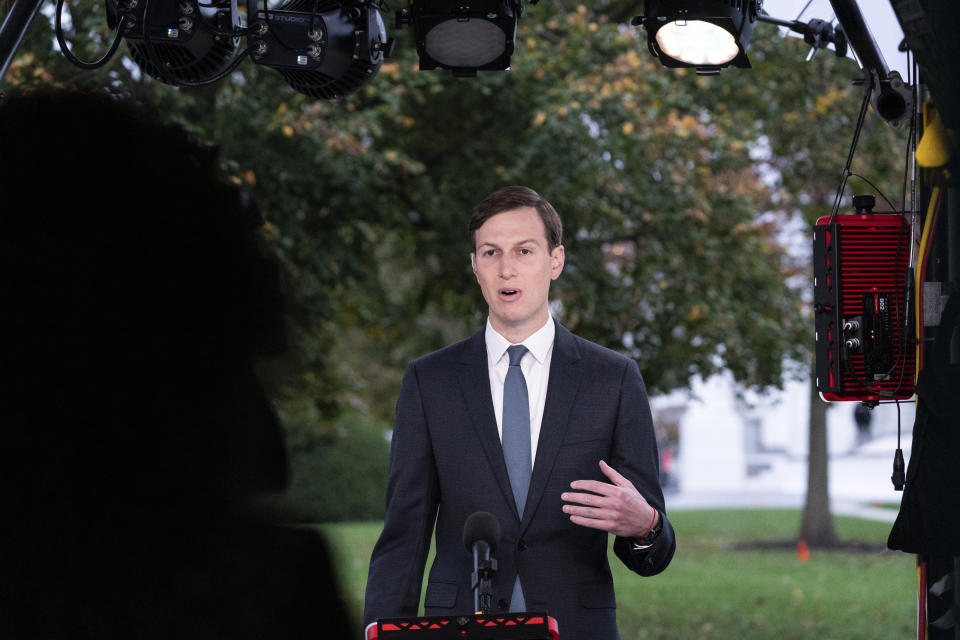 White House senior adviser Jared Kushner does a television interview at the White House, Monday, Oct. 26, 2020, in Washington. (AP Photo/Alex Brandon)