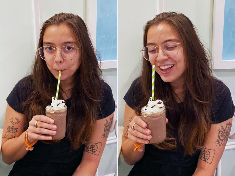 Two images of the author sipping on and smiling about frozen hot chocolate