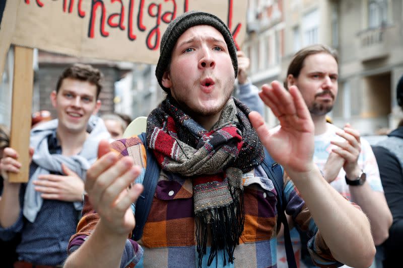 Students attend a protest against threats to academic freedom in Budapest