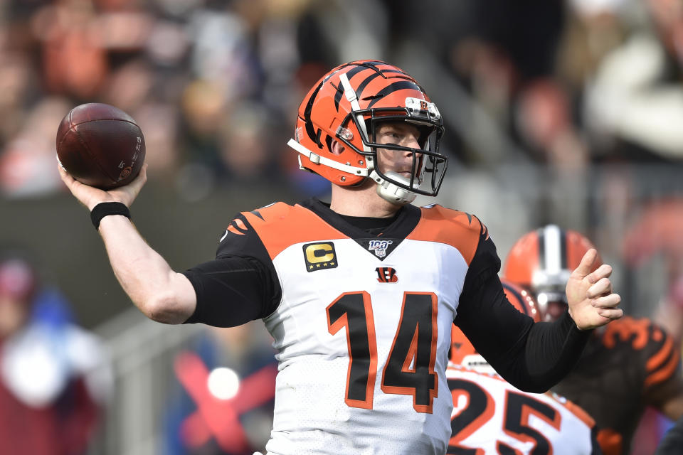 Cincinnati Bengals quarterback Andy Dalton throws during the first half of an NFL football game against the Cleveland Browns, Sunday, Dec. 8, 2019, in Cleveland. (AP Photo/David Richard)