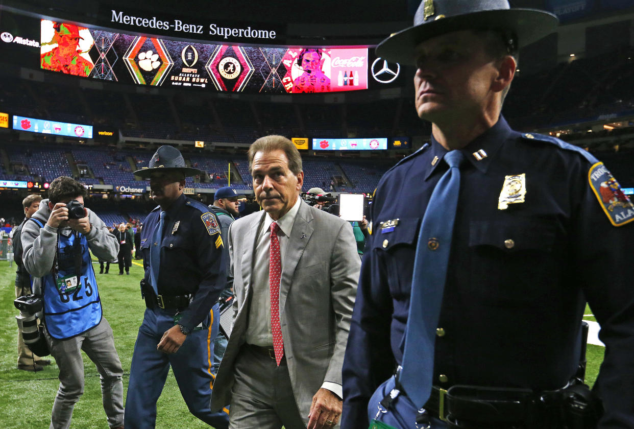 Alabama head coach Nick Saban arrives before the Sugar Bowl semi-final playoff game against Clemson, for the NCAA college football national championship, in New Orleans, Monday, Jan. 1, 2018. (AP Photo/Butch Dill)