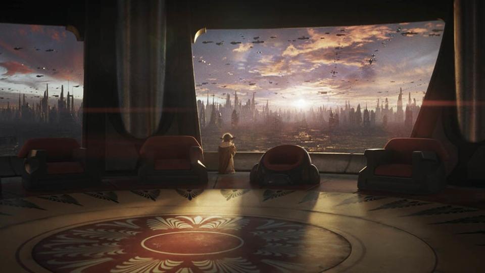 Yoda stares out of the window at Coruscant