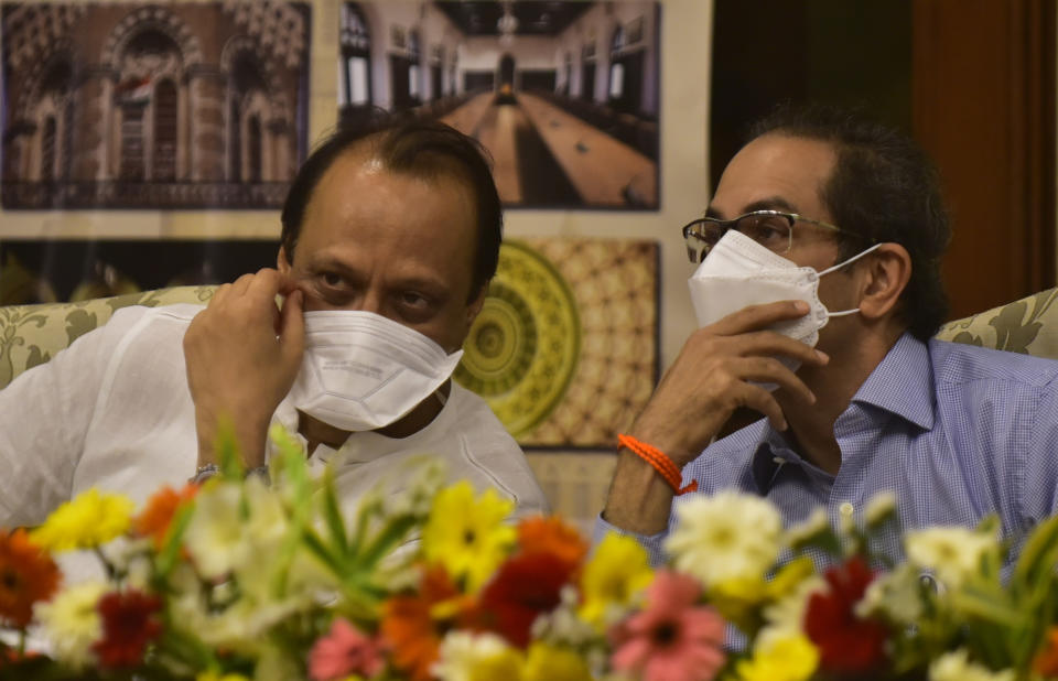 MUMBAI, INDIA - JANUARY 28: Chief Minister Uddhav Thackeray and Deputy CM Ajit Pawar during the inauguration of a heritage walk at BMC headquarters, on January 28, 2021 in Mumbai, India. (Photo by Anshuman Poyrekar/Hindustan Times via Getty Images)