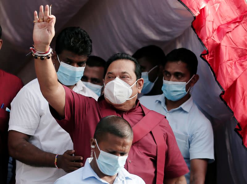 Leader of Sri Lanka People's Front party and Prime Minister Mahinda Rajapaksa holds a campaign rally in Ahungalla