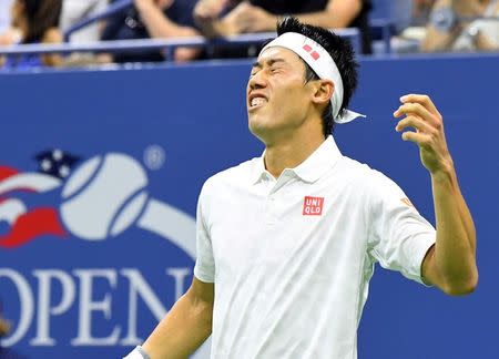 Sept 9, 2016; New York, NY, USA; Kei Nishikori of Japan after a 3rd set miss playing Stan Wawrinka of Switzerland on day twelve of the 2016 U.S. Open tennis tournament at USTA Billie Jean King National Tennis Center. Mandatory Credit: Robert Deutsch-USA TODAY Sports