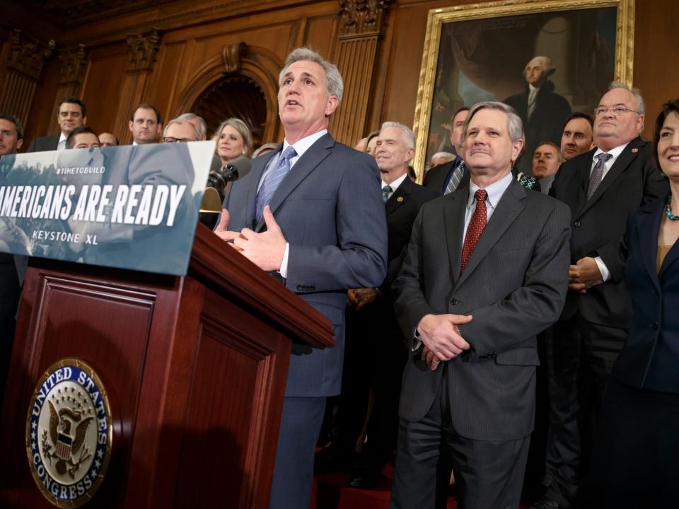 House Majority Leader Kevin McCarthy, R-Calif., center, with Sen. John Hoeven, R-N.D., right, sponsor of the Senate's Keystone XL pipeline bill version, and Rep. Cathy McMorris Rodgers, R-Wash., chair of the Republican Conference, urge President Barack Obama to sign the legislation passed in the House and Senate approving expansion of the Keystone XL pipeline, at the Capitol in Washington, Wednesday, Feb. 11, 2015. (AP Photo/J. Scott Applewhite)