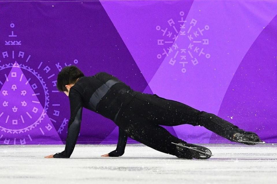 Nathan Chen fell during his short program at the team figure skating event in the 2018 Winter Olymipcs