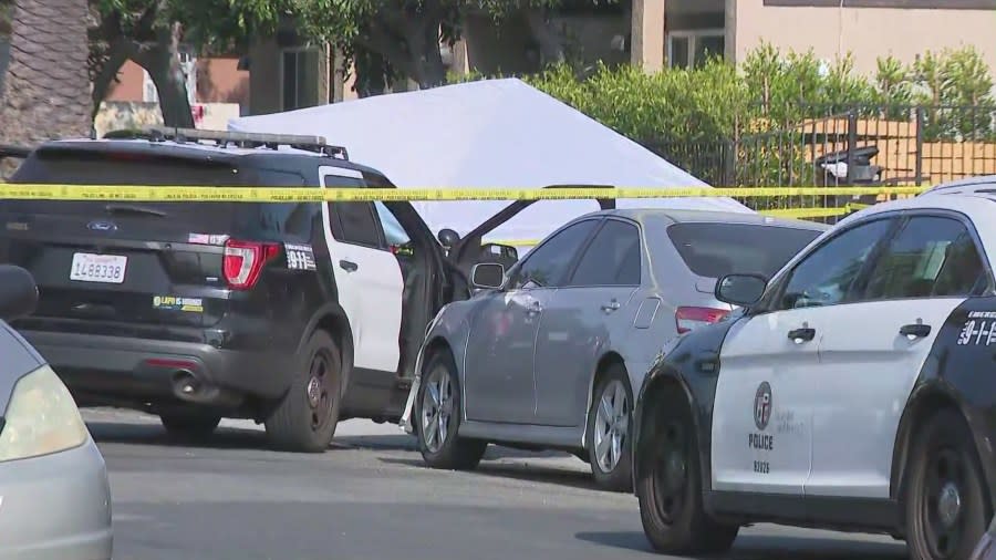 Two men were shot and killed inside their car near Exposition Park in Los Angeles on June 1, 2024. (KTLA)