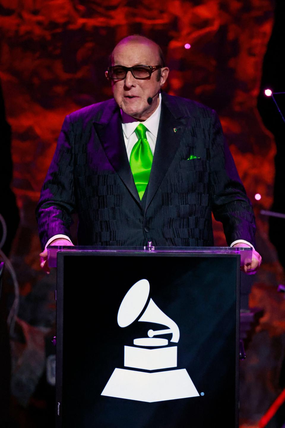 Clive Davis speaks on stage during the Recording Academy and Clive Davis pre-Grammy gala at the Beverly Hilton hotel in Beverly Hills, California on Feb. 4, 2023.