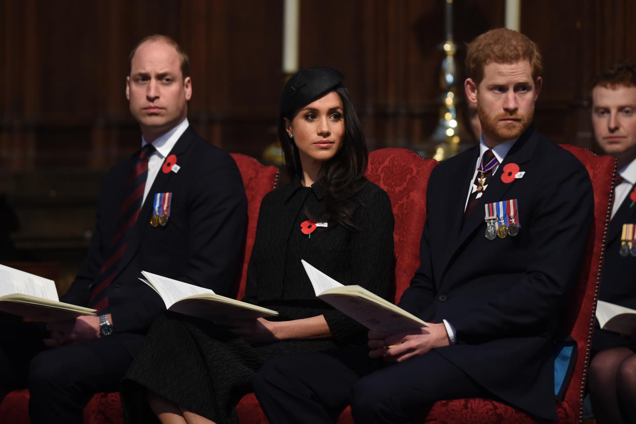 LONDON, ENGLAND - APRIL 25:  Prince William, Duke of Cambridge, Meghan Markle and Prince Harry attend an Anzac Day service at Westminster Abbey on April 25, 2018 in London, England. (Photo by Eddie Mulholland - WPA Pool/Getty Images)