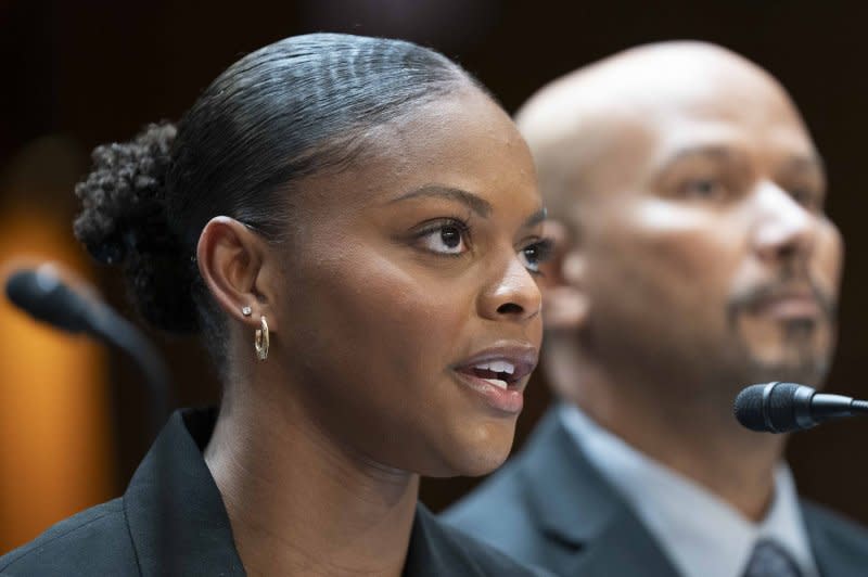 Trinity Thomas, a gymnast at the University of Florida, speaks during a Senate Judiciary Committee hearing on college sports name, image and likeness rules at the U.S. Capitol in Washington on Tuesday, Photo by Bonnie Cash/UPI