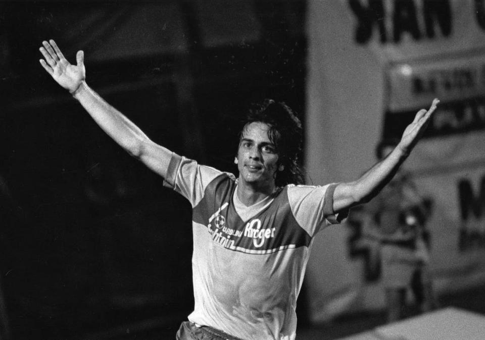 Tony Suarez was Charlotte’s first big soccer star, with his amazing speed and knack for finding the back of the goal. Here he is celebrating a goal he scored in a Carolina Lightnin’ game in 1983.