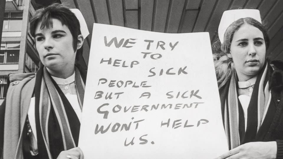 Nurses lobby for better pay in 1969 as part of the nationwide "Raise the Roof" campaign. - Sydney O'Meara/Evening Standard/Hulton Archive/Getty Images