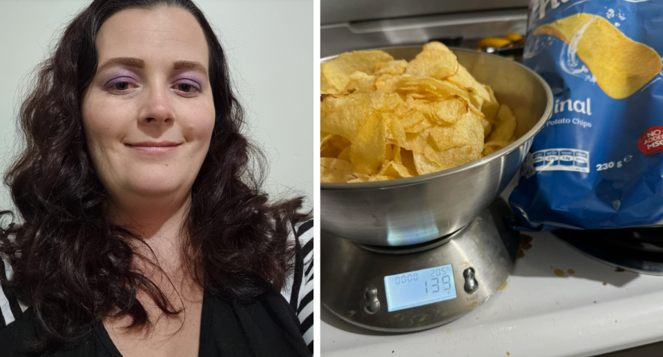 Aldi shopper Kelly, a brunette woman with purple eyeshadow, and a split with a packet of chips poured into a scale to show the weight.