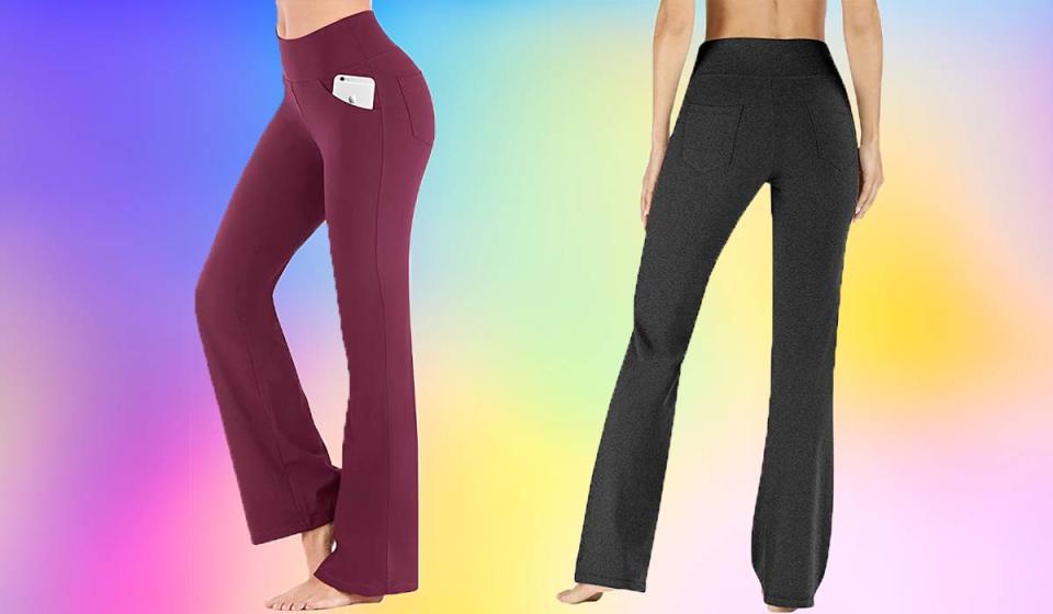 Lower half of models shown wearing burgundy and black pair of yoga pants. One has a phone in the pocket.