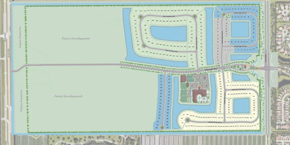 GL Homes' map of Valencia Grand shows the second phase, labeled as future development, that extends toward State Road 7. The second phase will consist of an additional 427 homes, bringing the total to 704.