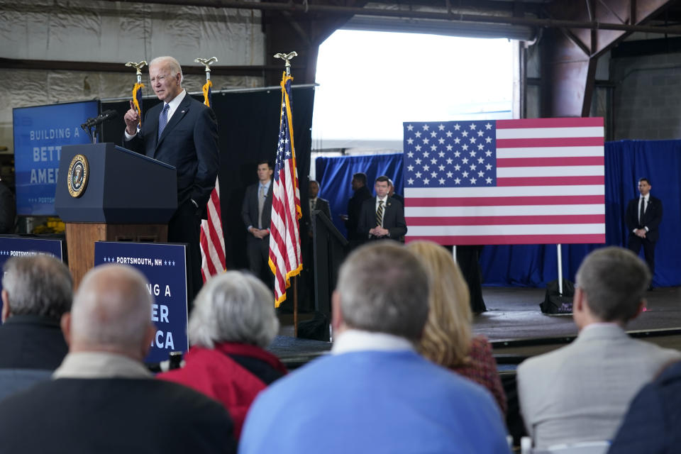 President Joe Biden speaks about his infrastructure agenda at the New Hampshire Port Authority in Portsmouth, N.H., Tuesday, April 19, 2022. (AP Photo/Patrick Semansky)