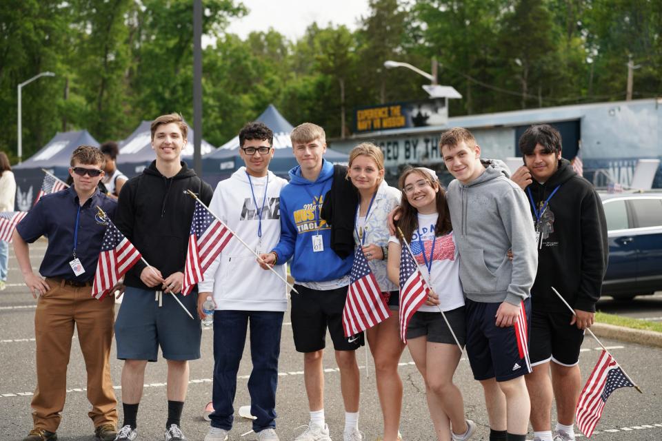 (Left to right) SCVTHS students Nathaniel Conti of Gladstone, Zach Cohen of Green Brook, Oscar Cortes of North Plainfield, Aleksander Starzynski of Manville, Sydney Sibilia of Raritan, Natalie Alaimo of Bridgewater, Nick Heuner of Bound Brook, and Armando Garcia of Bridgewater pose for a photo during Proud to be an American Day 2022.