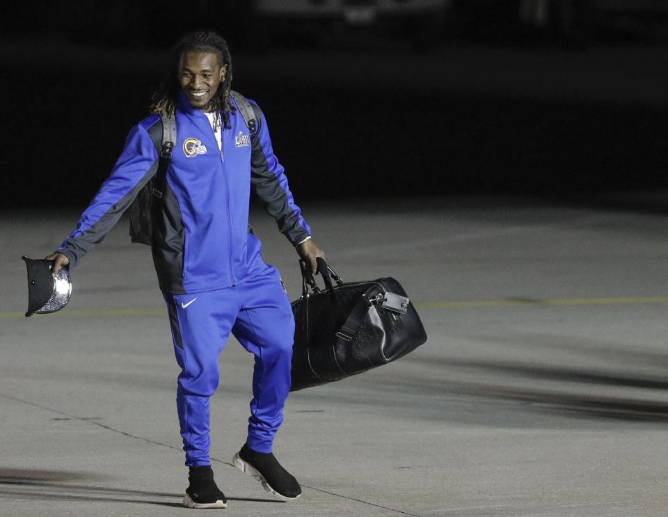 Los Angeles Rams’ Nickell Robey-Coleman, here coming off the team plane after landing in Atlanta for Super Bowl LIII, had plenty to say about the New England Patriots and Tom Brady in a feature story. (AP)