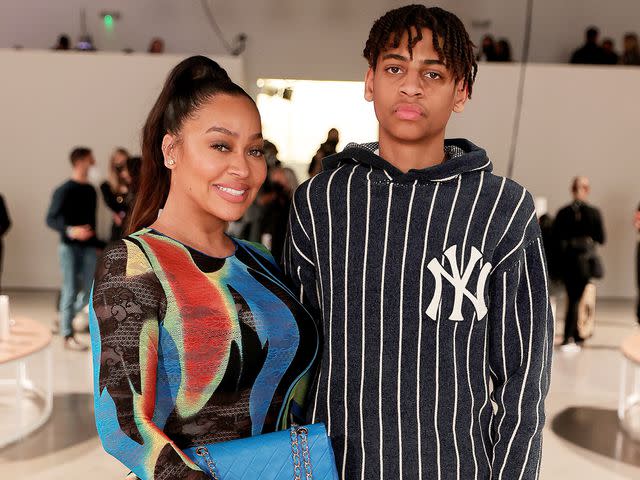<p>Michael Loccisano/Getty</p> La La Anthony and Kiyan Anthony attend the Kim Shui show during New York Fashion Week: The Shows at Spring Studios on February 12, 2022