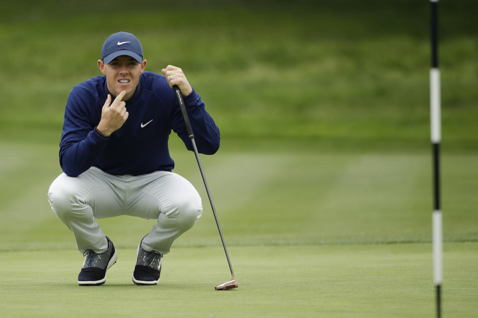 Rory McIlroy, of Northern Ireland, lines up a putt on the second hole during the third round of the U.S. Open Championship golf tournament Saturday, June 15, 2019, in Pebble Beach, Calif. (AP Photo/Marcio Jose Sanchez)