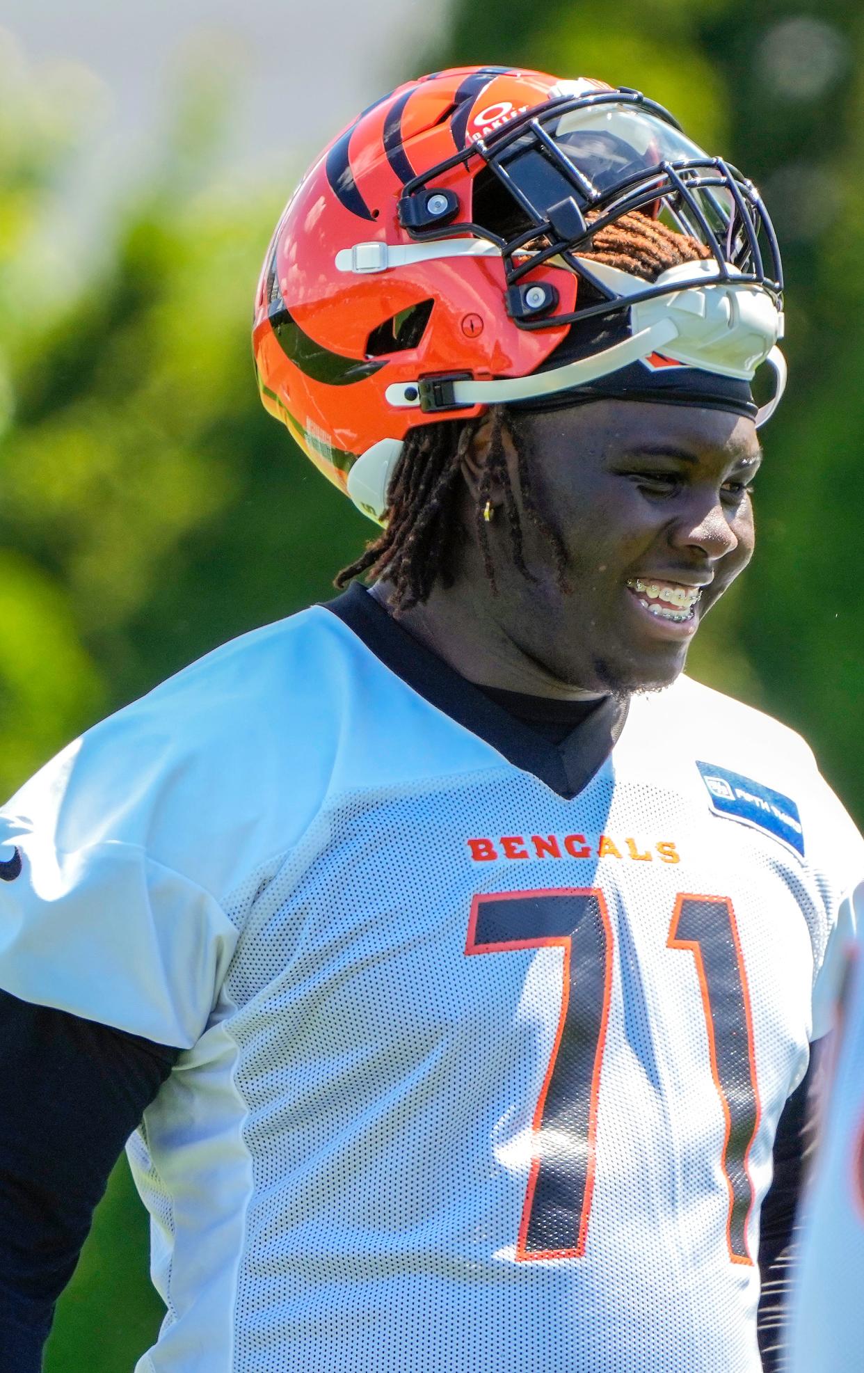 Bengals offensive tackle rookie Amarius Mims during the first day of OTAs on Tuesday, May 28, 2024, at the Kettering Health Practice Fields outside of Paycor Stadium.