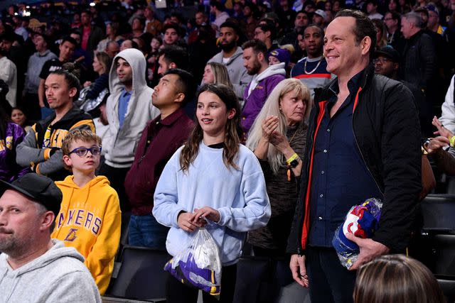 <p>Allen Berezovsky/Getty</p> Vince Vaughn and his children Locklyn Kyla Vaughn and Vernon Lindsay Vaughn attend a basketball game between the Los Angeles Lakers and the Houston Rockets at Crypto.com Arena on January 16, 2023.