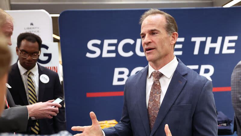 Republican 3rd Congressional District candidate Case Lawrence speaks with attendees during the Lincoln Day GOP fundraising dinner at UVU in Orem on Saturday, March 16, 2024.