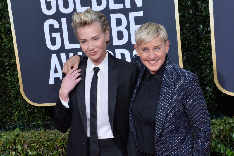 Ellen DeGeneres (R) said wife Portia de Rossi is really that pretty in real life in a statement about her forthcoming stand-up special. File Photo by Jim Ruymen/UPI