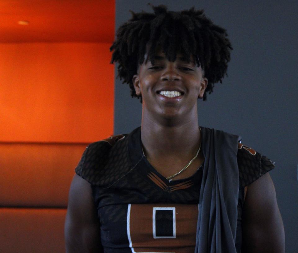 Atlantic Coast linebacker Camden Hardy is pictured at Baker's Sports/Jaguars Prep High School Media Day inside EverBank Stadium.